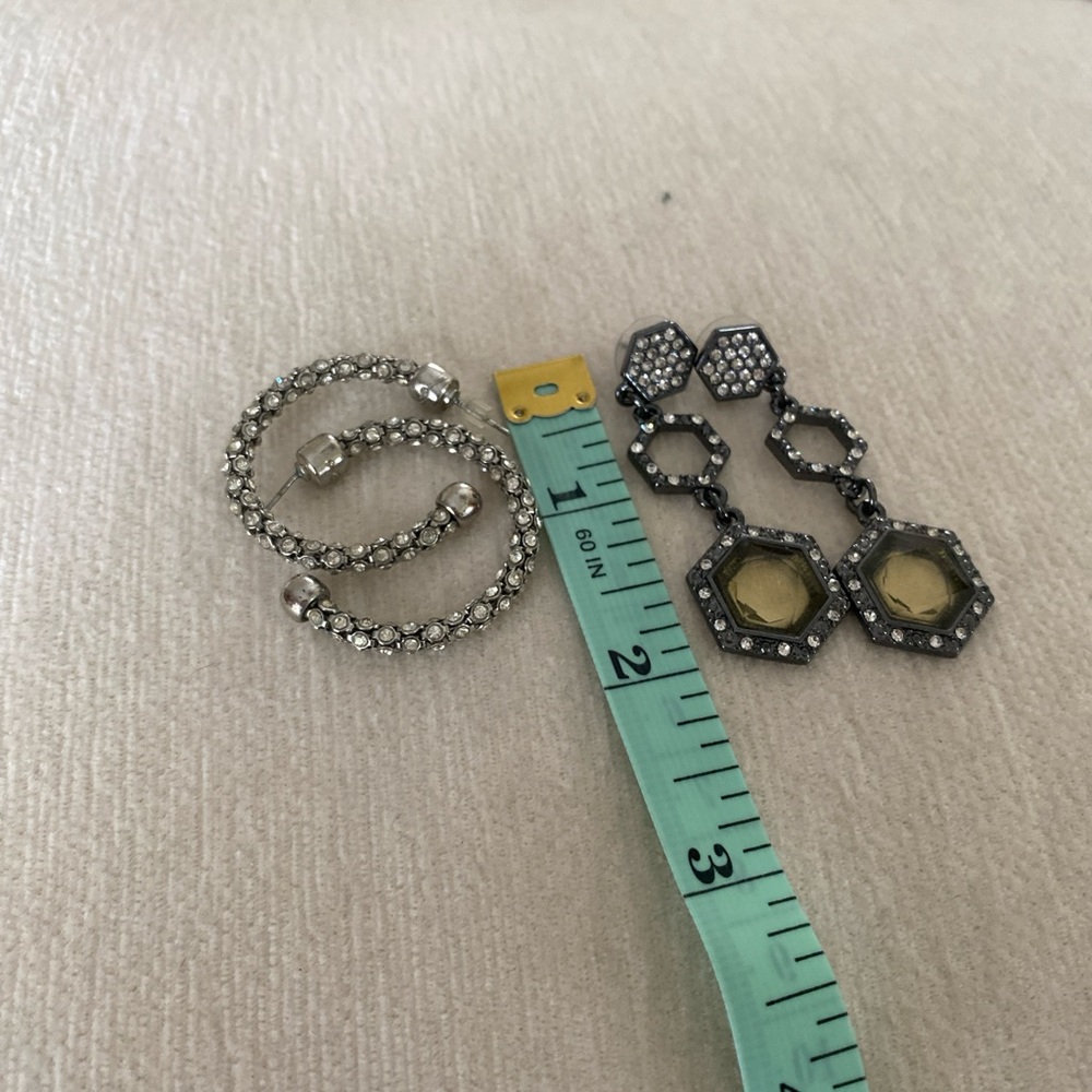 Sparkling Rhinestone Hoop + Hexagon Dangle Earrings Set | Silver Tone Statement - Picture 5 of 5